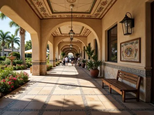 Vibrant bus station, curved arches, ornate tile work, stucco exteriors, warm beige stone, rustic wooden benches, vintage metal lanterns, lush greenery, blooming flowers, palm trees, sunny day, soft wa