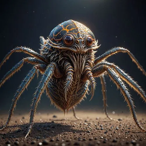 a creature design, 8k resolution, highly detailed, sharp focus, full body shot, sub surface scattering, opacity,a large spider is shown standing on its legs,tarantula,arthropod,baboon spider,arachnoid