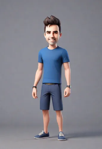 Caricatura com cabeça maior, corpo pequeno, camisa preta e short azul, desenhando,3d model,3d figure,3d man,3d modeling,3d rendered,character animation,3d render,game figure,pubg mascot,actionfigure,m