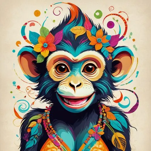 female anthropomorphic monkey ,a monkey wearing a flower crown next to a poster,monkey god,monkey,simian,monkeys band,chimpanzee,monkeying,primates,the monkey,chimp,macaques,circus animal,monkey islan