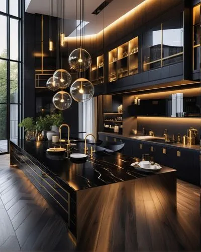 BLACK THEME ,HIGHLY LUXURIOUS BLACK WITH SOME GOLD TRIM INTERIOR ,ULTRA 32K REALISTIC , WHITE herringbone oak floor,modern kitchen interior,modern kitchen,kitchen design,tile kitchen,dark cabinets,mod