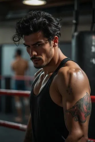 A tall, muscular Latino man in his early 30s, captured in a boxing gym mid-workout. His dark, wavy hair is damp with sweat, and he has a focused, determined expression as he prepares for his next set.