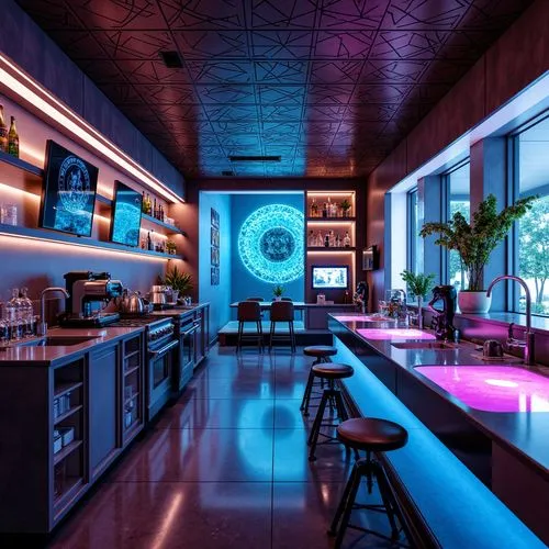 Futuristic home bar, sleek metal countertops, neon-lit glass shelves, holographic displays, ambient LED lighting, geometric tile patterns, iridescent glazes, metallic finishes, high-gloss surfaces, mi