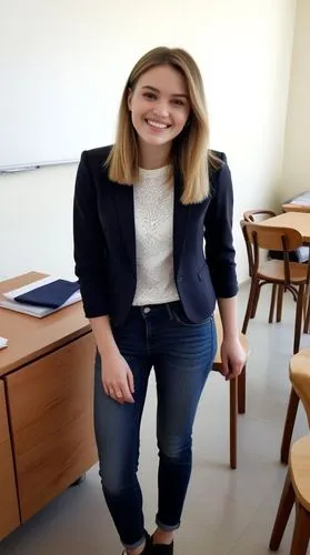 High quality photo, best face features: beautiful face, smart 23-year-old european female with a great satisfied smile, facing the camera and looking directly at it.,an image of a woman wearing jeans 