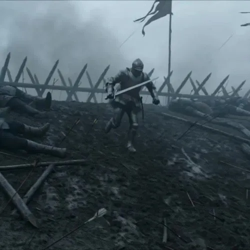 12-second live-action medieval battle short, Western epic realism, 16:9. Hook in the first 2 seconds: an adult knight in dented steel armor charges downhill through mud and arrows with a two-handed lo