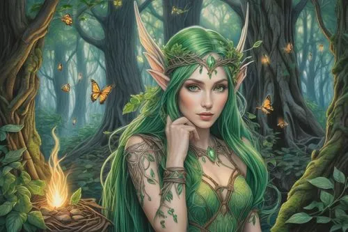 Woodland fantasy scene, mystical wood elves, slender figures, pointed ears, emerald green hair, intricate wooden accessories, leafy clothing, vines wrapped around arms, gentle facial features, soft gl