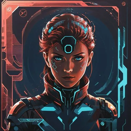 Futuristic contact picture. Netrunner. Black background. Female,a close up of an artwork piece in blue and red,cyborg,echo,biotic,tron,vector girl,operator,nova,transistor,cybernetic,commander,synthet
