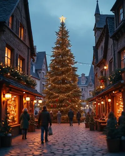 A highly detailed photography of a realistic french medieval village, cozy and welcoming, with a large classic Christmas tree, Xmas ornaments, vintage style, 70's, with many led lamps shining, nostalg