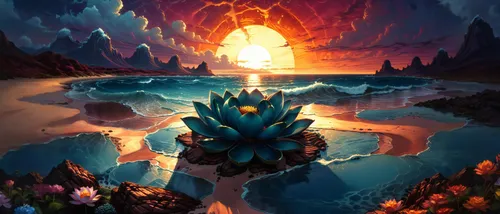 there is an image of a painting on the water,game illustration,water lotus,wishing well,underwater oasis,torchlight,fantasy landscape,dusk background,diamond lagoon,the eternal flame,torchlit,sunderin