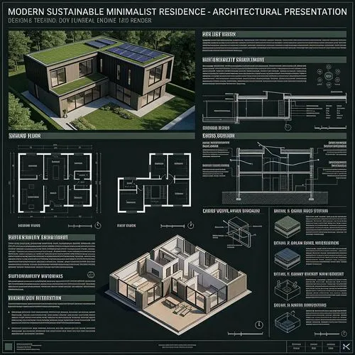 Ultra Professional architectural presentation board dark mode of a modern Minimalist and Modern House style committed to sustainability and architectural design technology, creating high-quality archi