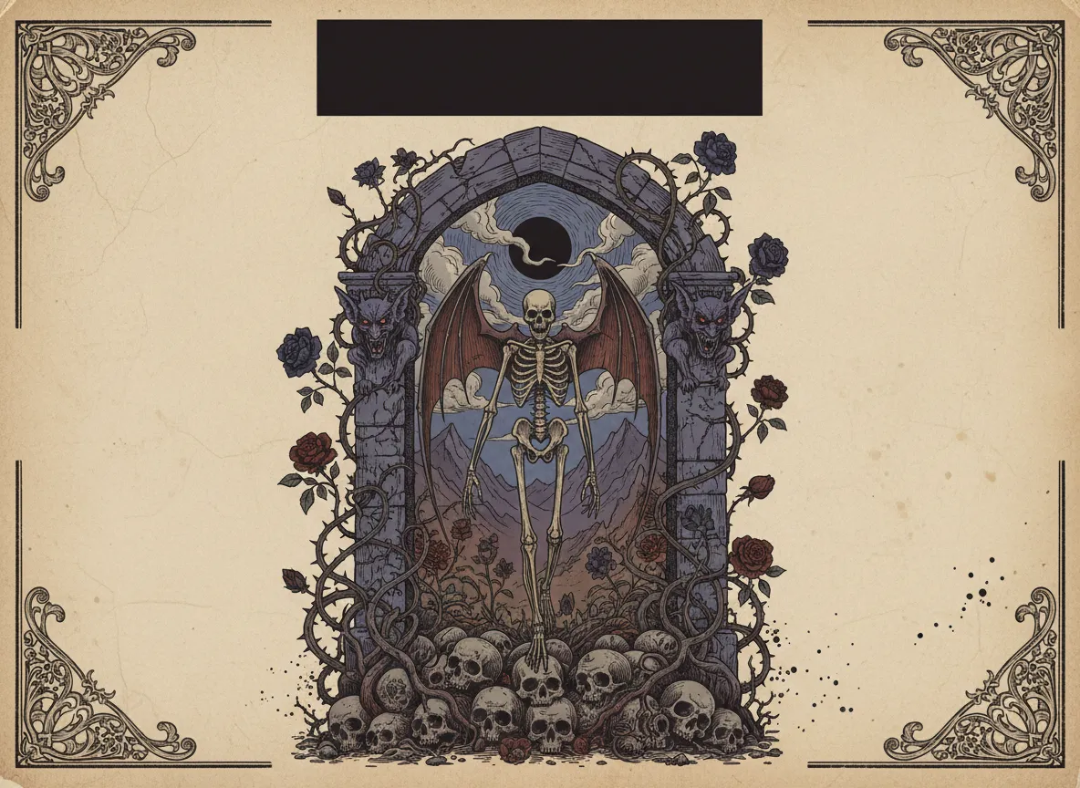 Un design di poster gotico generato da AI con un'illustrazione centrale e uno spazio scuro e libero in alto riservato a un titolo.