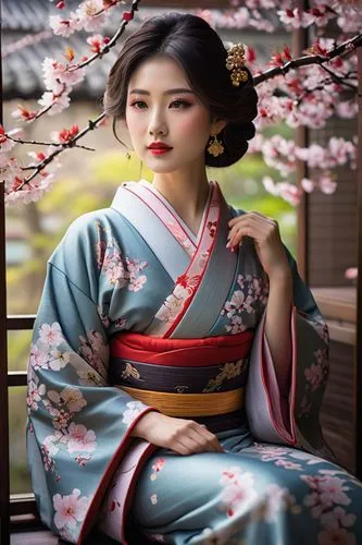 Japanese, curved, kimono, traditional, beautiful detailed eyes, dark brown hair, subtle blush, cherry blossom makeup, delicate fingers, intricate nail art, ornate obi, vibrant red lipstick, golden ear