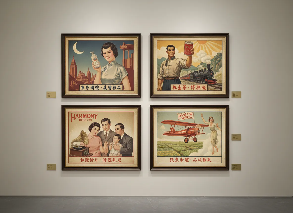 단일 텍스트 프롬프트로 PromeAI가 생성한 네 가지 다른 빈티지 중국 광고 포스터 변형을 보여주는 갤러리 뷰.