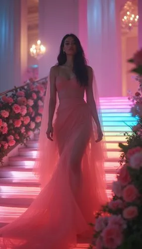 A full-body shot of a real-life model on the grand staircase at the Met Gala, event theme: rainbow lights, facial features in ultra-high definition, surrounded by luxurious decor, evening atmosphere, 