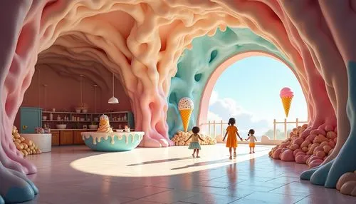 Ice cream factory, large spaces, bright colors, ice cream-shaped ceiling, large windows, ice cream-shaped art objects, rich interior, children,children walking through an open air ice cream store,cart