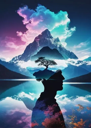 A captivating double exposure photograph that artfully blends a man's silhouette with a breathtaking landscape of mountains, a serene lake, and a sky full of clouds. The man's figure is positioned bet