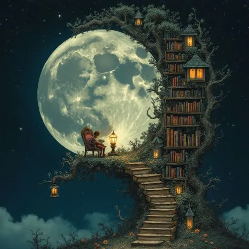 Intricate library made of the silver moon, Mid shot enchanted library hidden within the moon, creative Masterpiece by Patrick Woodroffe and Alexander Jansson and Martin Stranka; a magnificent surreal 