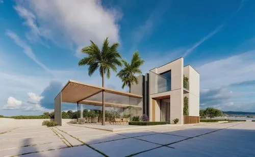 a white concrete house surrounded by palm trees,dunes house,cube stilt houses,cubic house,modern house,holiday villa,modern architecture