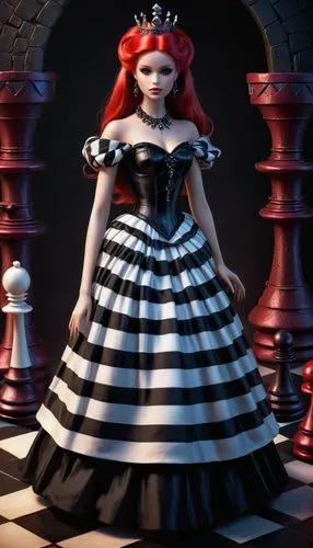 60s barbie doll in a black and white striped ballgown, red hair queen, chess,Red Queen Barbie,queen of hearts,doll dress,chessboard,vertical chess,dress doll,ball gown,play chess,chess piece,ballgown,