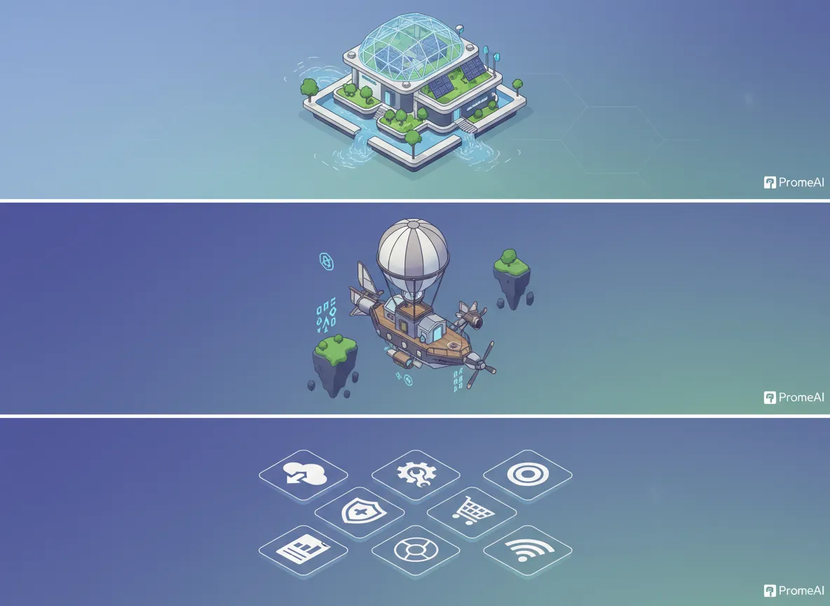 Eine Collage verschiedener mit PromeAI erstellter isometrischer Designs, darunter ein Architekturmodell, ein Spiel-Asset und ein Icon-Set.