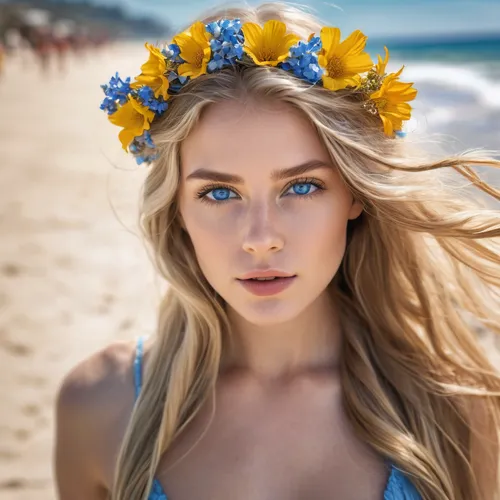 the most hottest girl at the beach with long hair and blue eyes and the sea with sand and flowers on her hair,flower crown,beautiful girl with flowers,summer crown,lei flowers,flower garland,flower ha