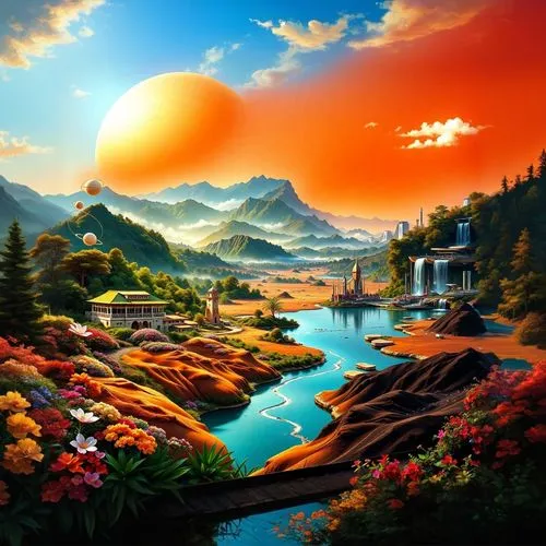 painting of a beautiful landscape with flowers in front of a river,fantasy landscape,landscape background,futuristic landscape,nature landscape,fantasy picture,mountain landscape,mushroom landscape,mo