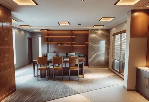 the modern dining room is very clean and has wooden paneling,sketchup,dining room,empty interior,schoolroom,desks,study room