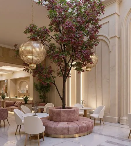 A sophisticated café with a grand indoor tree as its centerpiece, surrounded by circular velvet seating in soft mauve tones. The space features high ceilings, classic arches, and luxurious pendant lig
