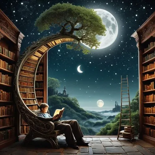 Intricate library made of the silver moon, Mid shot enchanted library hidden within the moon, creative Masterpiece by Patrick Woodroffe and Alexander Jansson and Martin Stranka; a magnificent surreal 