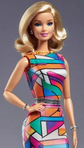 Beautiful blonde lady fashion designer, with a long bob hairstyle, wearing a multicoloured dress with geometric print and silver shoes, as a Barbie doll. Full-length.,fashion dolls,fashion doll,female