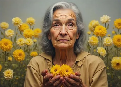 A detailed oil painting: It depicts an elderly woman's youthful ancestors in a collection of vibrant yellow and white blossoms, her eyes gazing directly at the viewer. The blurry gray background highl