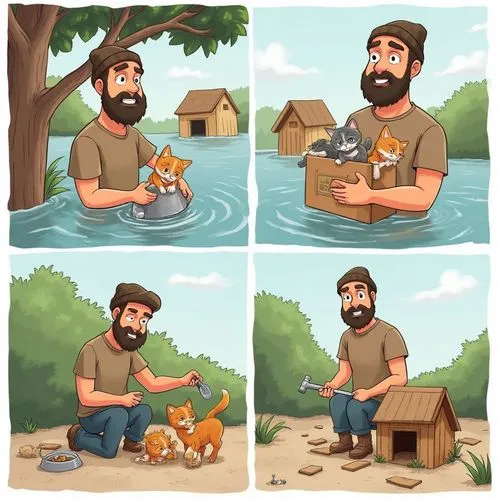A four-panel cartoon depicts a man with light skin and an untrimmed black beard, wearing a brown beanie and a brown short-sleeved shirt, positively interacting with animals.

Top left: The man gently 