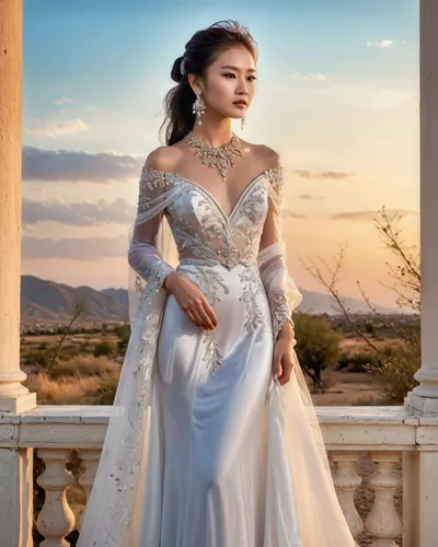 a young asian woman in a white satin evening gown with sheer overlays and silver embellishments,a young woman in an off shoulder v-neck evening dress with draped sleeves and a satin floor-length skirt
