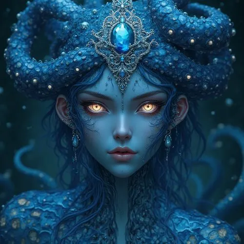 A mesmerizing underwater queen with intricate blue-scaled skin, blending human and cephalopod features. Her piercing, glowing eyes exude an ancient and mysterious power. Adorned with an elaborate silv