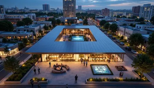 Futuristic community center, metallic fa\u00e7ade, LED lighting strips, angular lines, minimalist design, sleek glass surfaces, automated sliding doors, modern high-tech architecture, urban cityscape,