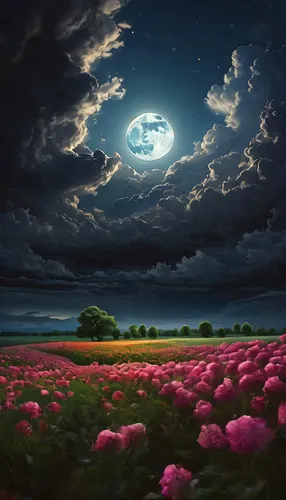 Flower field under full moon and clouds, digital art inspired by Arkhip Kuindzhi, tumblr, digital art, moonlight clouds background, ultra detailed storm clouds, ultra detailed storm clouds, cloudy nig