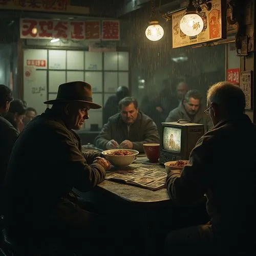 Inside a dimly lit noodle bar, patrons huddle over steaming bowls, seeking solace from the cold rain outside. A weary detective sits at the counter, his fedora dripping water onto the floor. He studie