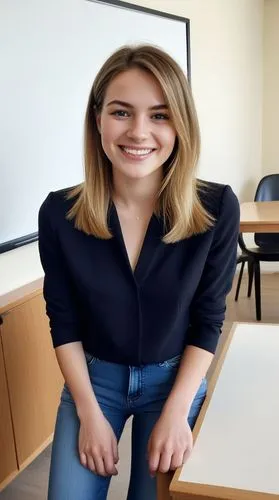 High quality photo, best face features: beautiful face, smart 23-year-old european female with a great satisfied smile, facing the camera and looking directly at it.,a young woman is smiling while pos