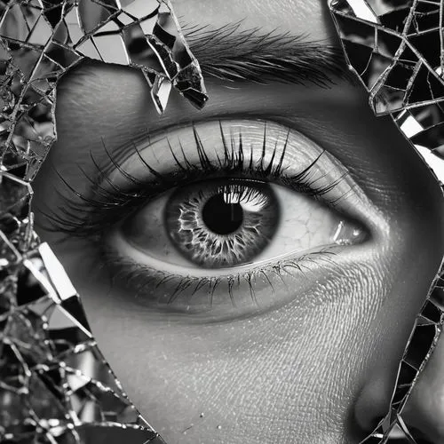 A close up of an eye reflecting in the broken mirror, in the style of Emma Andijewska. A beautiful woman's face reflected on cracked glass, monochrome digital art,shattered,photomontage,photo manipula