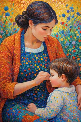 Imagine a caregiver supporting a child during a difficult time. How do they provide comfort?,oil painting on canvas,oil painting,little girl and mother,iranian nowruz,mother with child,mother and chil