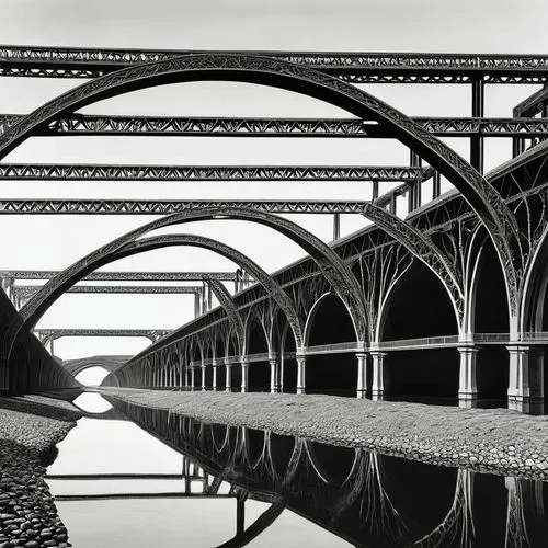 The image is a black and white illustration of a bridge spanning over a body of water. The bridge has multiple arches and is supported by sturdy pillars that are anchored into the riverbed below. The 