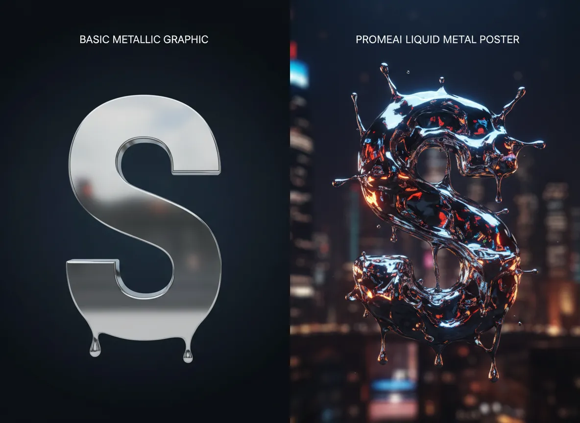 एक बुनियादी धातु ग्राफ़िक बनाम बेहतर यथार्थवाद और प्रकाश व्यवस्था वाले PromeAI-जनित लिक्विड मेटल पोस्टर की साथ-साथ तुलना।