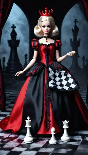 60s barbie doll in a black and white striped ballgown, red queen, chess,Red Queen Barbie,queen of hearts,play chess,chessboard,noblewoman,black queen,chess,chess player,chess game,chess piece,crown re