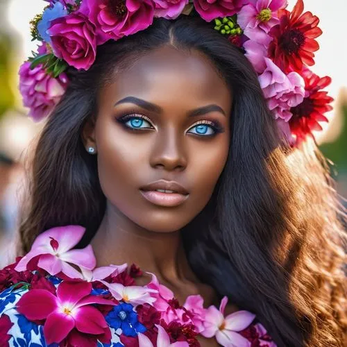 black model with blue eyes wearing flowers on her long hair and her designer clothes ,beautiful african american women,colorful floral,beautiful girl with flowers,african daisies,polynesian girl,afric