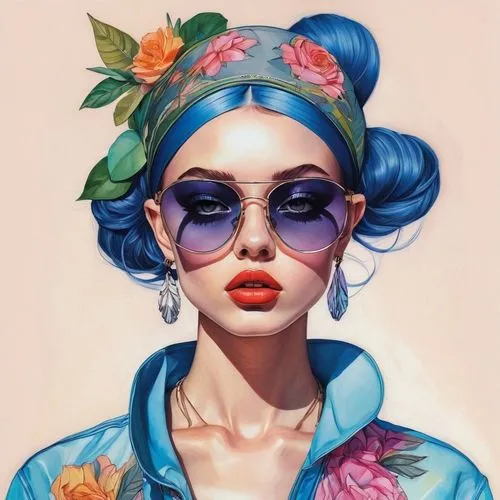 Capture the essence of fashion style in your fashion design sketches for a festival-inspired clothing range.,a beautiful woman with blue hair and sunglasses,fashion vector,blue floral,digital painting