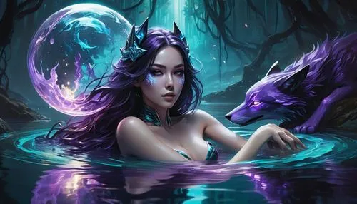 Female figure , reclined by a body of water, in a dark-purple and black,  lying near a teal-colored body of water. She has one yellow eye and one purple eye. Long, dark hair,  A small,  purple-colored