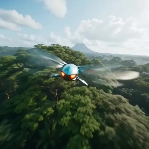 12-second sci-fi chase short for Western TikTok/Reels audiences, 16:9, no text, no logos, no subtitles.

0-2s: A sleek metallic insectoid drone with glowing orange eyes rips over the Amazon canopy at 