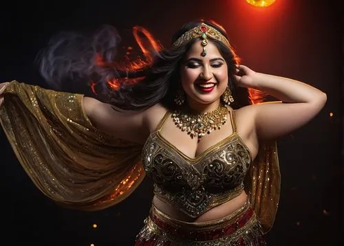 Chubby girl, belly dancer, Middle Eastern style, sparkly costume, bare midriff, layered skirt, jingling belt, flowing hair, bright red lipstick, shimmering eyeshadow, golden jewelry, smiling face, ene