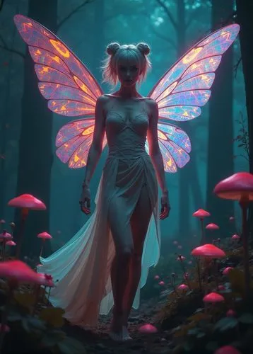 a short Fairy with wings, ash blond pixy cut hair, skinny, with medium breasts ,silk see through long lace dress with high cuts, magic mushroom style, holding a flower,a woman with glowing pink erflie
