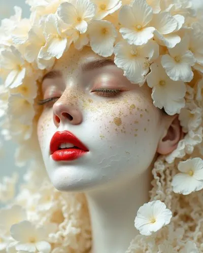 red lipstick, close-up, whose skin texture resembles crumpled white paper, evoking the delicate beauty of a Japanese kintsugi mug, where golden flecks tell a story of resilience and creativity. Its su